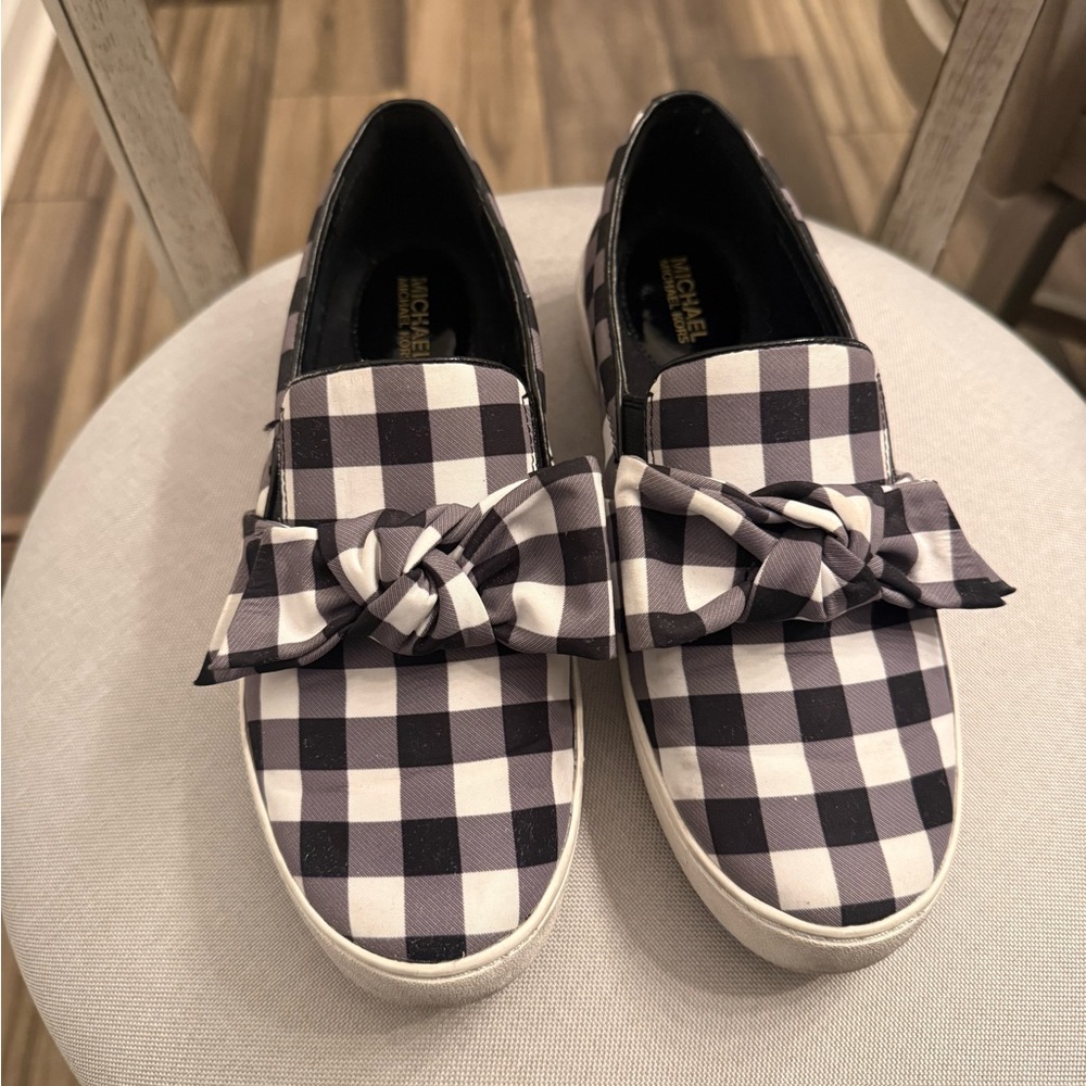 Michael Kors Black & White Gingham Knot Slip-On Sneakers